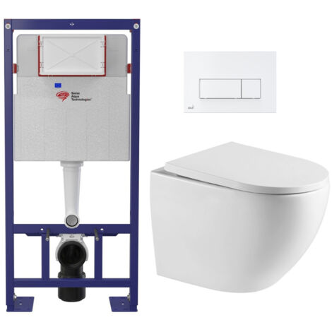 Swiss Aqua Technologies Pack WC Bâti-support Autoportant + WC sans bride SAT + Abattant SoftClose + Plaque Blanche (SMART-FusionTQ-4)