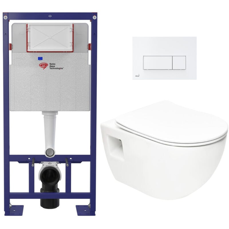 Pack wc Bâti-support Autoportant + wc sans bride sat + Abattant SoftClose + Plaque Blanche (SMART-Project-4) - Swiss Aqua Technologies
