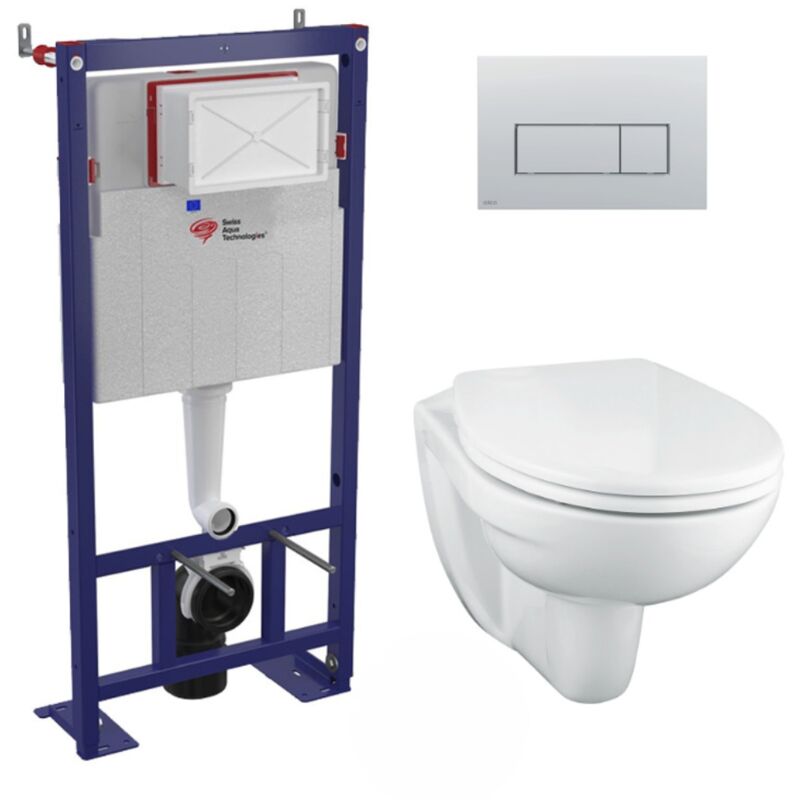 Pack wc Bâti-support autoportant + wc Porcher sans bride + Abattant Astor + Plaque Chrome mat (SMART-Porcher-M572) - Swiss Aqua Technologies