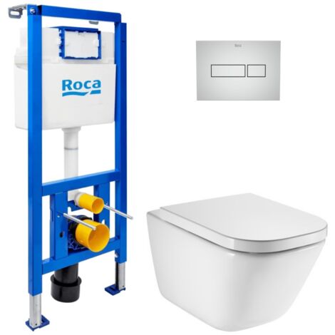 Swiss Aqua Technologies Pack WC con bastidor ECO 2 L Swiss Aqua Technologies + inodoro Roca suspendido con tapa SoftClose + paquete de placas cromadas (