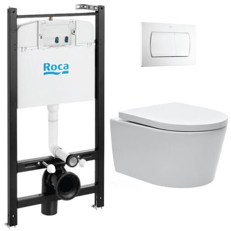 Swiss Aqua Technologies Pack WC con bastidor Roca Active  + inodoro SAT sin brida y fijaciones invisibles + placa ROCA blanca