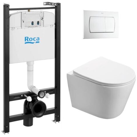 Swiss Aqua Technologies Pack WC con bastidor Roca Active + Taza SAT Infinitio + Tapa Slim, cierre amortiguado + Placa Roca blanca