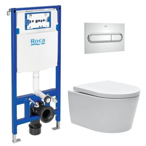 Swiss Aqua Technologies Pack WC con Bastidor Roca Duplo One + Inodoro suspendido sin brida SAT + placa ROCA cromada