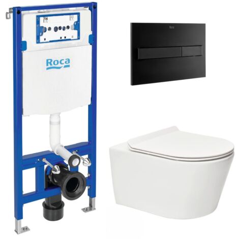Swiss Aqua Technologies Pack WC con Bastidor Roca Duplo One + Inodoro suspendido sin brida SAT + Placa ROCA  negra