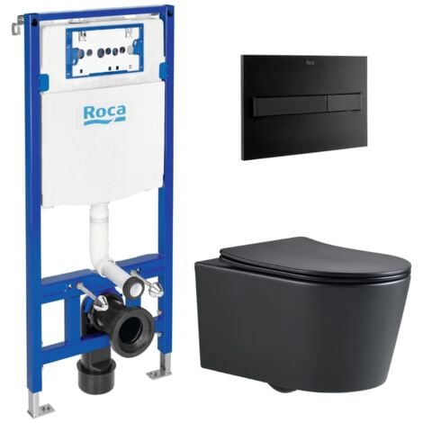Swiss Aqua Technologies Pack WC con Bastidor Roca Duplo One + Inodoro suspendido sin brida SAT + placa ROCA negro (RocaBlackSAT-3)