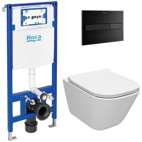 Swiss Aqua Technologies Pack WC Roca con Bastidor Duplo One + Inodoro sin brida + Tapa cierre amortiguado + Placa ROCA negra