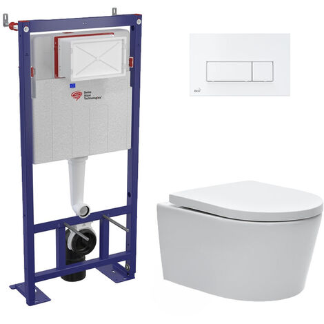 Swiss Aqua Technologies – Pack WC suspendu bâti-support autoportant – Cuvette sans bride fixations invisibles – Abattant softclose – Plaque de commande blanche