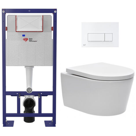 Swiss Aqua Technologies – Pack WC suspendu sans bride – Bâti-autoportant avec fixations invisibles – Abattant SoftClose – Plaque blanche brillante – Compact 48 cm