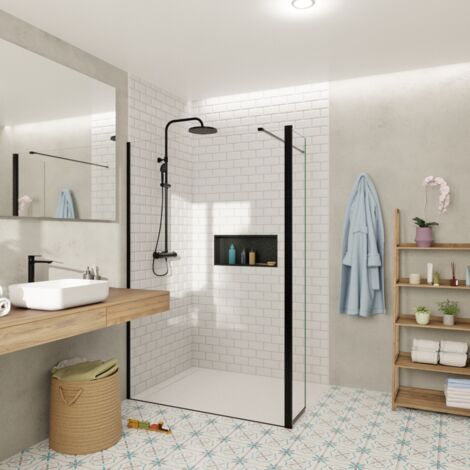 Swiss Aqua Technologies Parete girevole e ritorno in Crystal Glass® 8 mm anticalcare, con bracci e profili nero opaco.