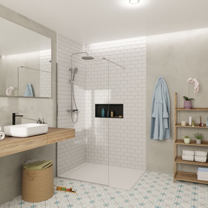 Swiss Aqua Technologies - Porta doccia Walk-In Parete in vetro 90x200cm 8 mm anticalcare Crystal Glass®, con bracci e profili in cromo lucido