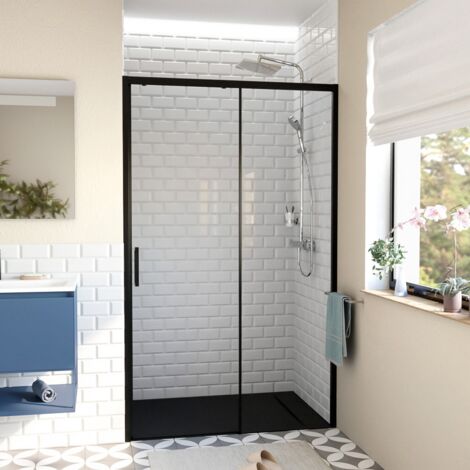 Swiss Aqua Technologies – Porte de douche coulissante 120x195cm TEXDBB120CTSET – Anticalcaire Easy Clean – Profilés noir mat – Verre Crystal Glass 6mm