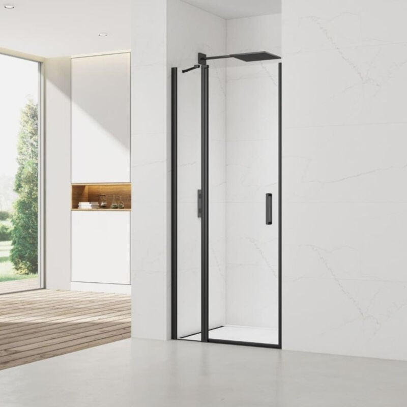 Fusion Porte de douche 100x196cm pivotante anticalcaire avec profilé noir mat (SATFUDP100NIKAC) - Swiss Aqua Technologies