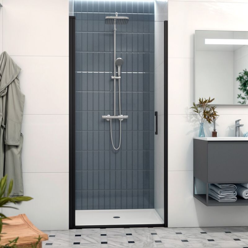 Fusion Porte de douche 90x196cm pivotante anticalcaire avec profilé noir mat (SATFUD90NIKAC) - Swiss Aqua Technologies