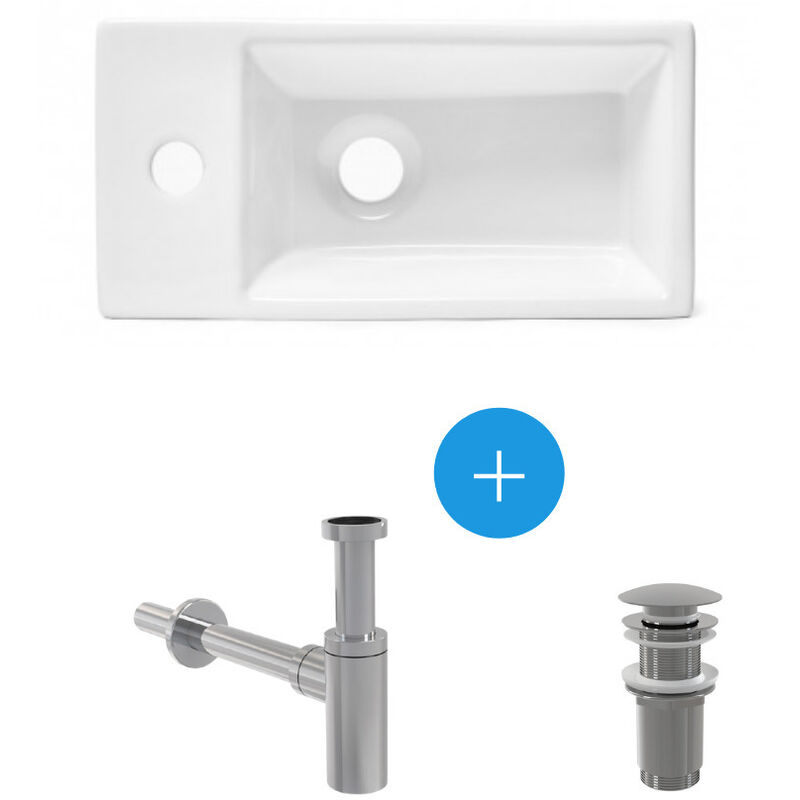 Suspended washbasin set with tap hole, 40.5x20.5 + clic-clac waste + siphon (SATBRE4020SL-SET) : - Swiss Aqua Technologies