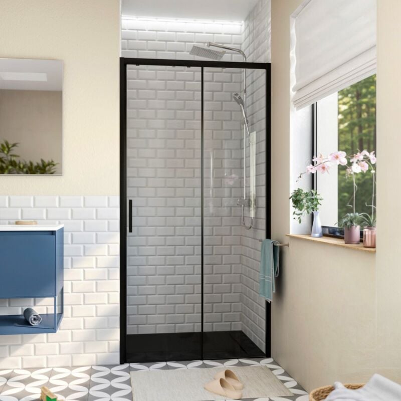 Tex bb Porte de douche 100x195cm coulissante anticalcaire avec profilés noir mat (TEXDBB100CT-SET) - Swiss Aqua Technologies