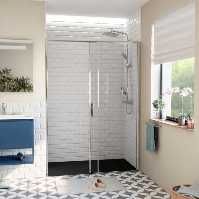 Swiss Aqua Technologies TEX BB Porte de douche 140x195cm coulissante anticalcaire avec profilés chrome brillant (TEXDBB140CRT-SET)