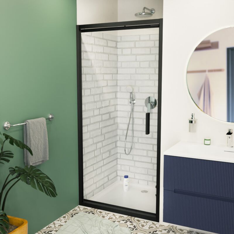 Tex-c Porte de douche 100x195cm ouverture gain de place anticalcaire avec profilés noir mat (SATTEXC100CT) - Swiss Aqua Technologies