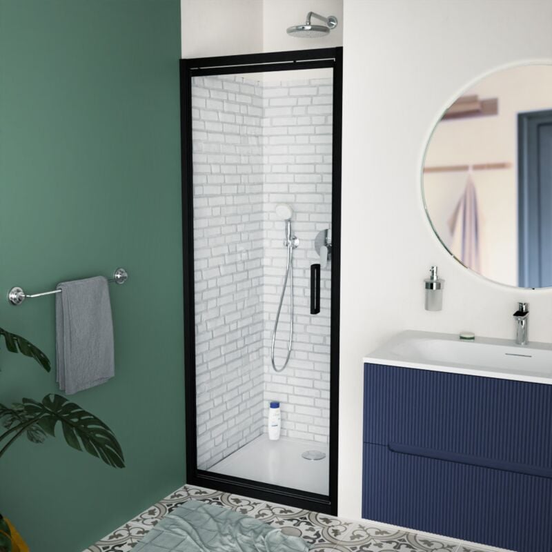Tex-c Porte de douche 80x195cm ouverture gain de place anticalcaire avec profilés noir mat (SATTEXC80CT) - Swiss Aqua Technologies