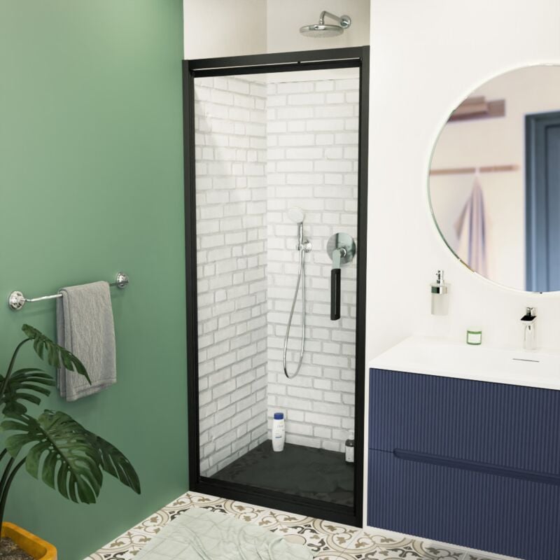 Tex-c Porte de douche 90x195cm ouverture gain de place anticalcaire avec profilés noir mat (SATTEXC90CT) - Swiss Aqua Technologies