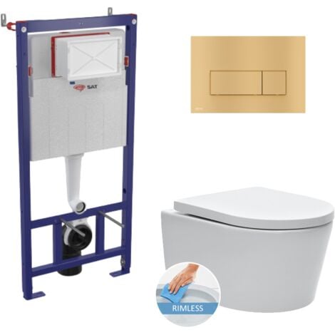 Swiss Aqua Technologies Toilet Pack Frame + SAT Rimless Toilet w/invisible fixings + Soft-Close Seat + Matt Gold Flush Plate (SMARTK-SATrimless-gold)