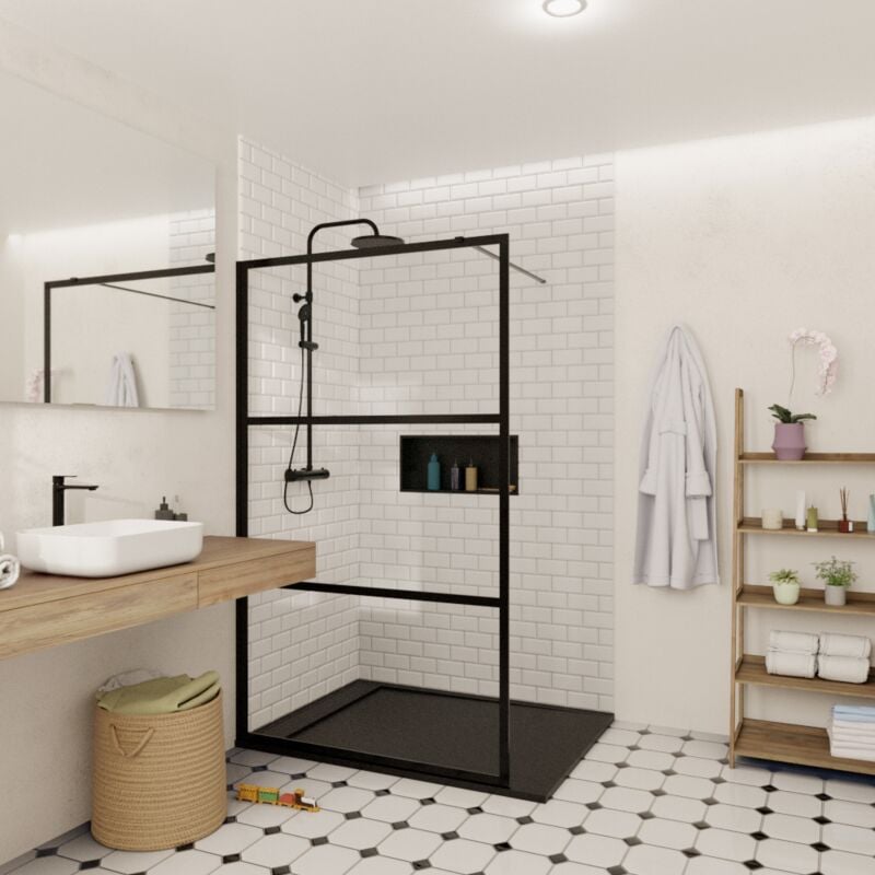 Walk-in 110x200cm Paroi en verre sérigraphié 8 mm anticalcaire, avec bras et profilés noir mat (SATBWI110CPPRC) - Swiss Aqua Technologies