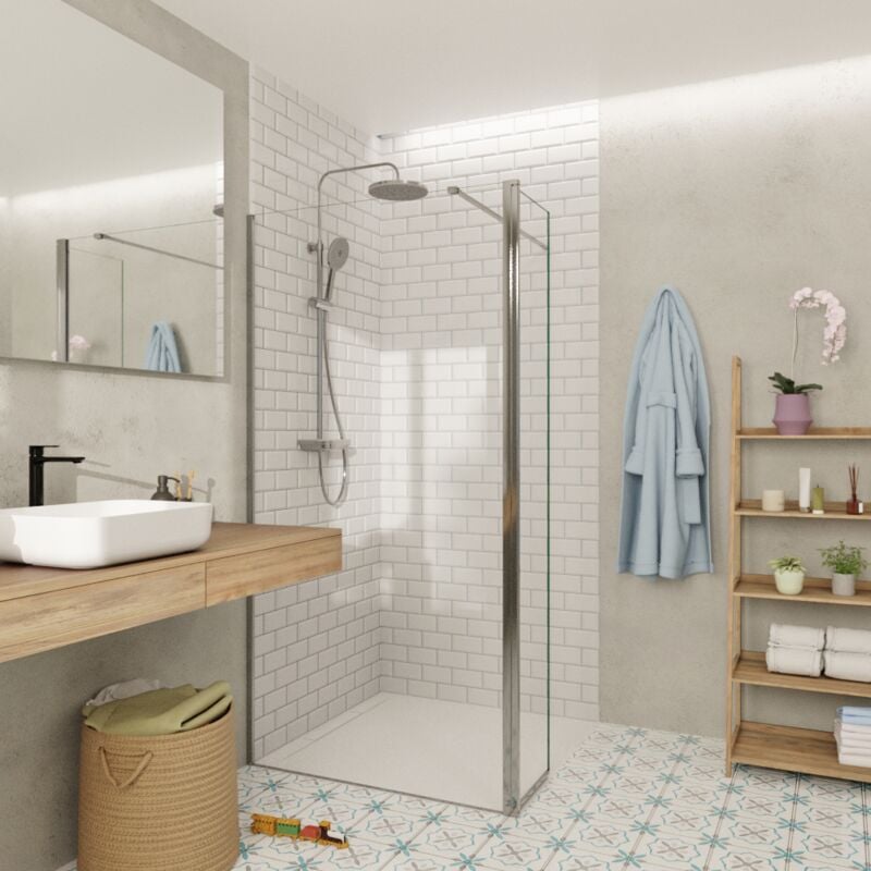Walk-in 110x200cm Paroi et retour pivotant en verre Crystal Glass® 8 mm anticalcaire , avec bras et profilés chrome brillant - Swiss Aqua Technologies