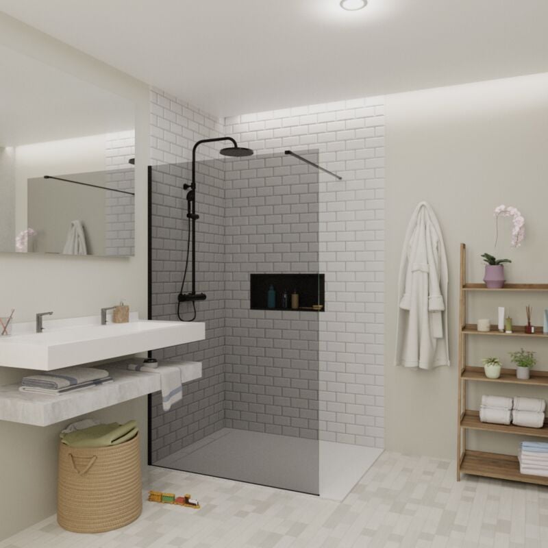 Walk-in 120x200cm Paroi en verre fumé 8 mm anticalcaire, avec bras et profilés noir mat (SATBWI120KSPRC) - Swiss Aqua Technologies