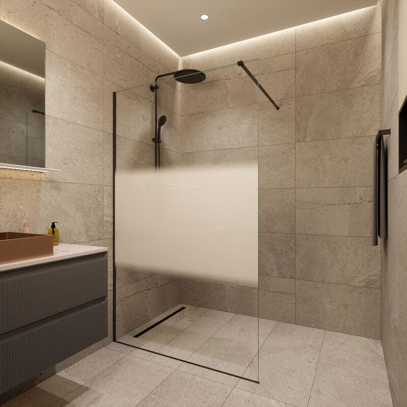 Walk-in 120x200cm, Verre semi poli Crystal Glass® 8 mm anticalcaire, avec bras et profilés Noir mat (SATBWI120MPPRC) - Swiss Aqua Technologies