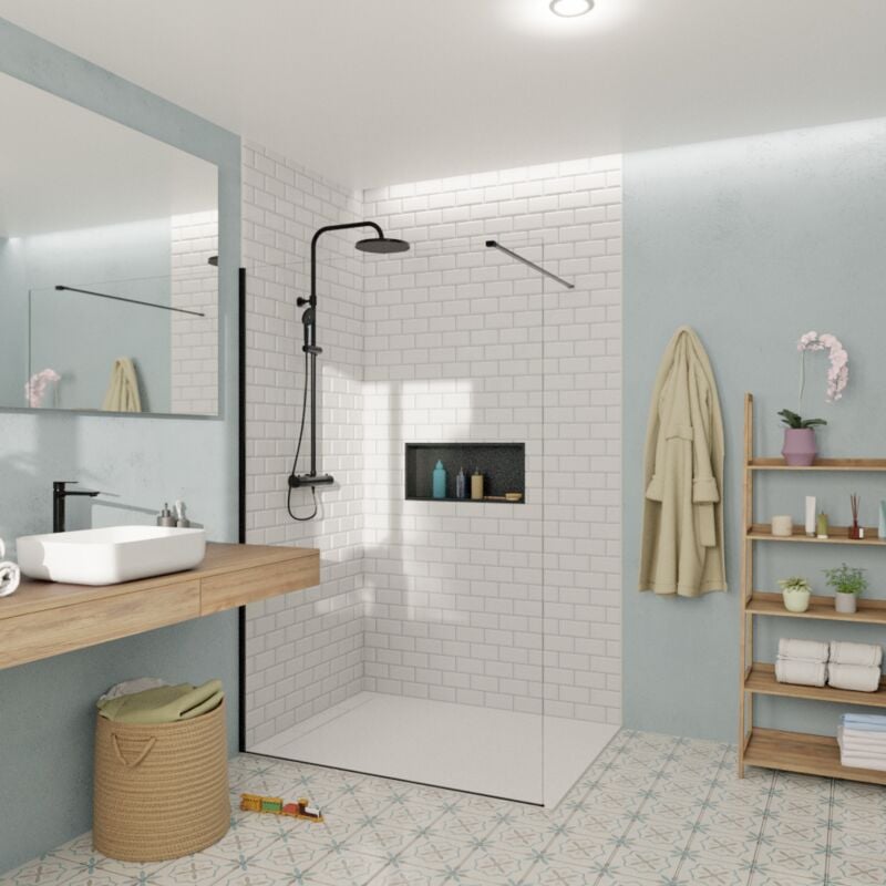 Walk-in 140x200cm Paroi en verre Crystal Glass® 8 mm anticalcaire, avec bras et profilés noir mat (SATBWI140PRC) - Swiss Aqua Technologies