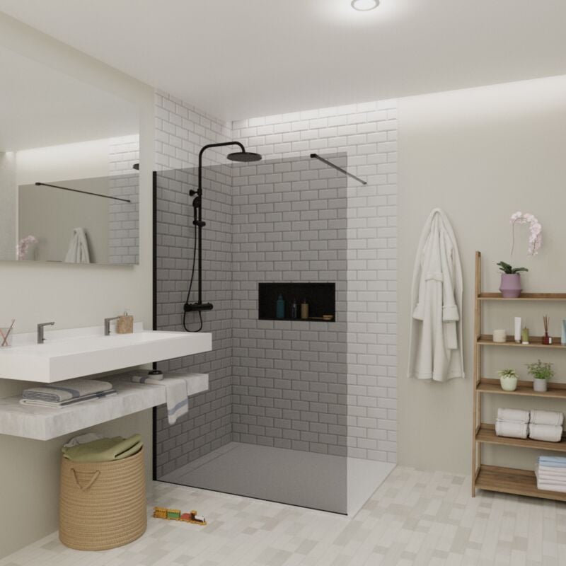Walk-in 140x200cm Paroi en verre fumé 8 mm anticalcaire, avec bras et profilés noir mat (SATBWI140KSPRC) - Swiss Aqua Technologies