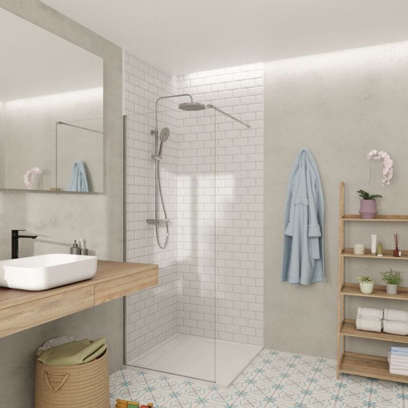 Walk-in 80x200cm Paroi en verre Crystal Glass® 8 mm anticalcaire, avec bras et profilés chrome brillant (SATBWI80PR) - Swiss Aqua Technologies