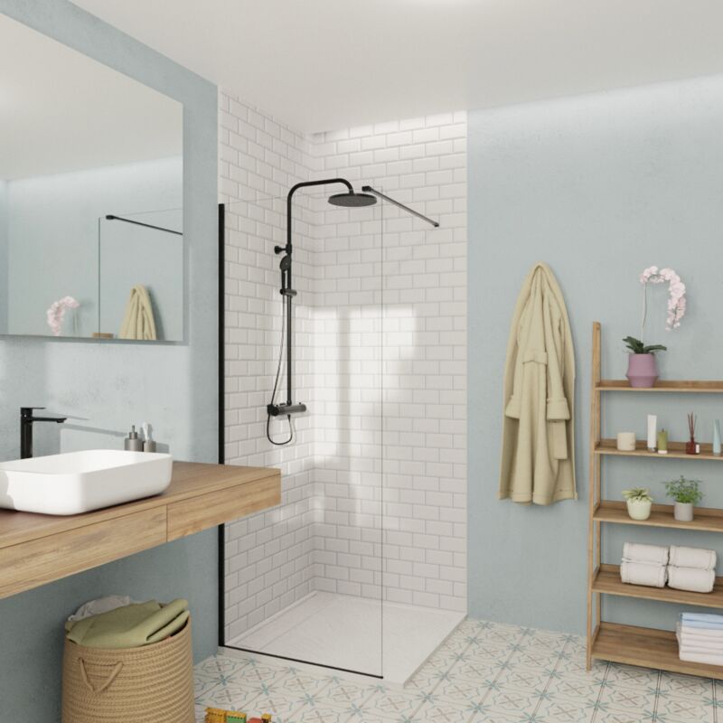 Walk-in 80x200cm Paroi en verre Crystal Glass® 8 mm anticalcaire, avec bras et profilés noir mat (SATBWI80PRC) - Swiss Aqua Technologies