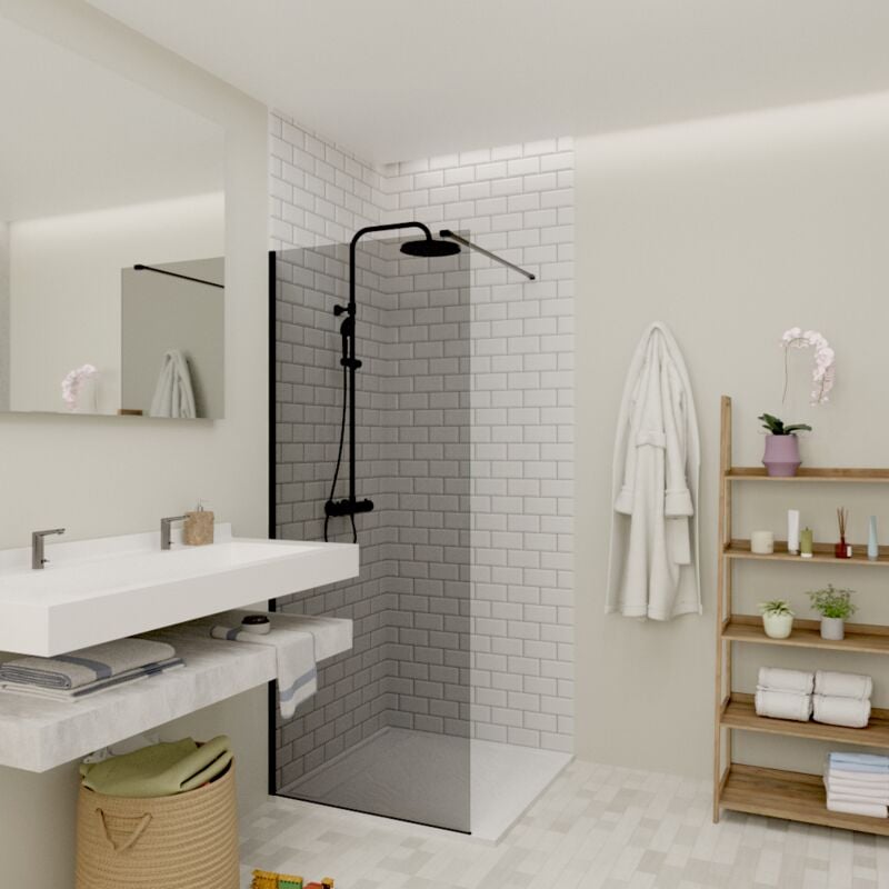 Walk-in 80x200cm Paroi en verre fumé 8 mm anticalcaire, avec bras et profilés noir mat (SATBWI80KSPRC) - Swiss Aqua Technologies