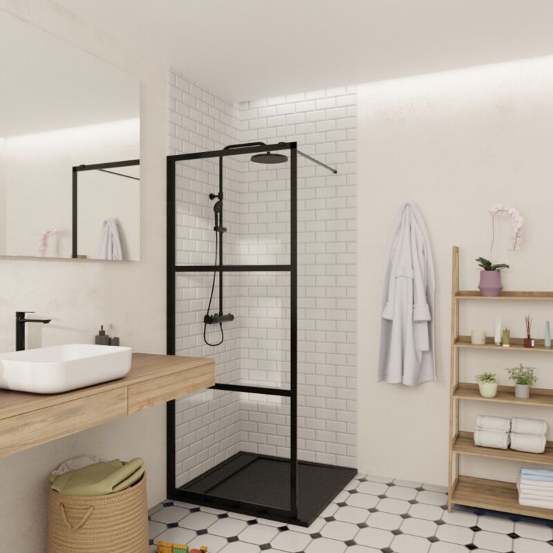 Walk-in 80x200cm Paroi en verre sérigraphié 8 mm anticalcaire, avec bras et profilés noir mat (SATBWI80CPPRC) - Swiss Aqua Technologies
