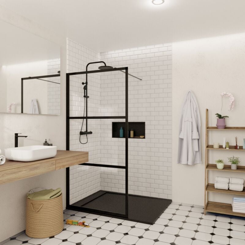 Walk-in 90x200cm Paroi en verre sérigraphié 8 mm anticalcaire, avec bras et profilés noir mat (SATBWI90CPPRC) - Swiss Aqua Technologies