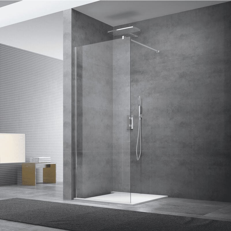 Walk-in Set Paroi de douche 77x200cm fixe en verre transparent Easy Clean + Bras de montage + Profilé, Chrome (WI80-SET) - Swiss Aqua Technologies