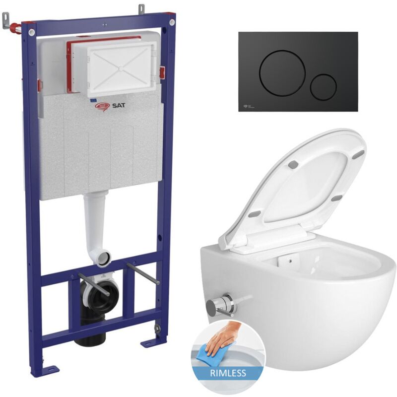 Wall hung toilet set frame + sat Infinitio rimless wc with thermostatic bidet function + Matt black plate - Swiss Aqua Technologies