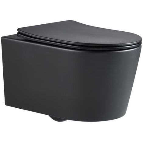 Swiss Aqua Technologies WC suspendu sans bride et fixations invisibles + abattant frein de chute, Noir mat (BlackSATrimless)