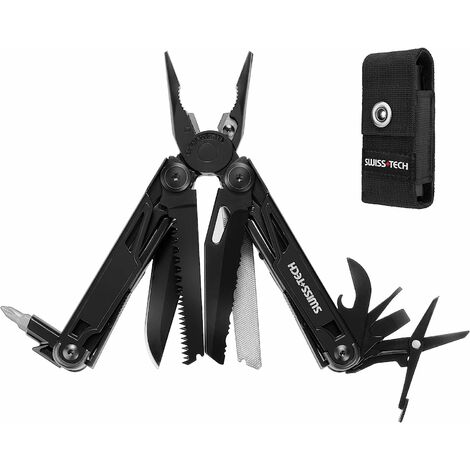Swiss+Tech Pince Multifonction en Acier Inoxydable 16 en 1 avec Structure Autoverrouillée, Couteau avec Scie, Tournevis, Règle, Lime, Ouvre-Boîte pour Survie, Camping, Randonnée (Noir)