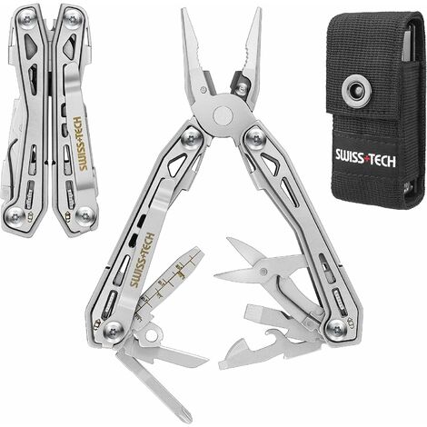 Swiss+Tech Pince Multifonction en Acier Inoxydable 16 en 1 avec Verrou de Sécurité, Couteau Multifonction avec Etui Pince Scie Tournevis Lime pour Survie Camping Randonnée (Argent)