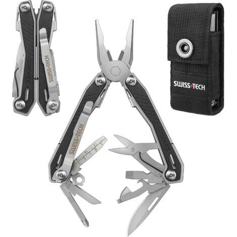 Swiss+Tech Pince Multifonction en Acier Inoxydable 16 en 1, Couteau Multifonction avec Structure Autoverrouillée, Multitool Tournevis Ouvre-Bouteille pour Camping, Extérieur, Randonnée, Réparation