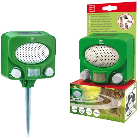SWISSINNO Repellente Ultrasuoni Animali con Pannello Solare – Allontana Gatti Cani Martore Volpi Ricci – Copertura 100m² – Uso Giorno e Notte – Impermeabile per Esterni