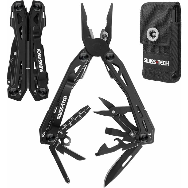 Swisstech - Swiss+Tech Pince Multifonction 16 en 1 avec Verrou de Sécurité, Couteau Multifonction en Acier Inoxydable avec Pince Scie Tournevis Lime
