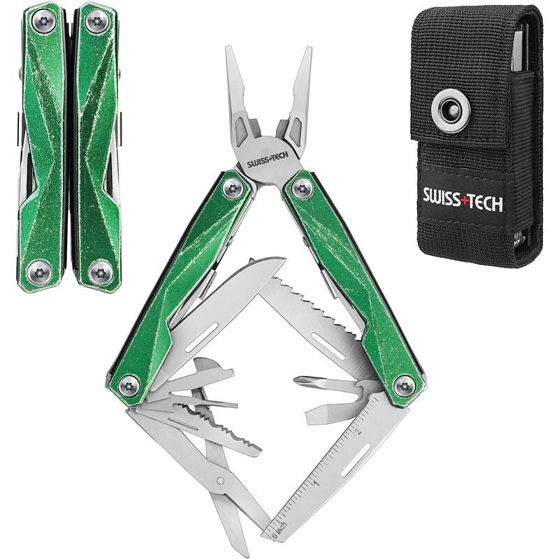 Swisstech - Swiss+Tech Pince Multifonction en Acier Inoxydable 16 en 1 avec Structure Autoverrouillée, Couteau Multifonction avec Etui Pince Scie