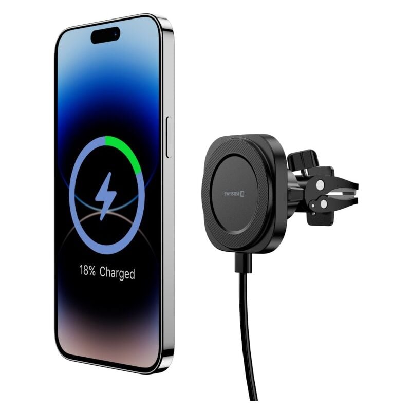 Swissten Magstick - Support magnétique pour voiture avec chargement sans fil Compatible avec MagSafe - 15 W/7,5 W de Haute puissance et RemovableCable