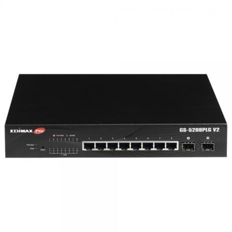 Switch di Rete EDIMAX GS-5208PLG V2 con 8 porte Gigabit Ethernet PoE+ e 2 porte SFP Gigabit per uplink, Potenza PoE 85W