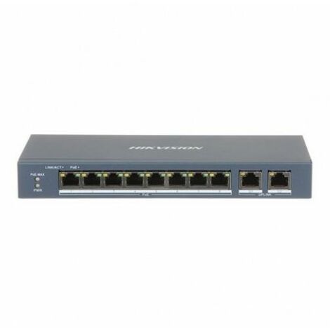 Switch di Rete Hikvision DS-3E0310P-E/M Non Gestito, 8 Porte PoE 10/100 Mbps + 2 Porte Giga Ethernet 10/100/1000 Mbps, Supporto Power over Ethernet 60W, Nero