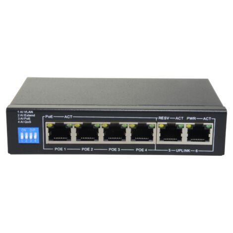 Switch PoE 4 porte PoE &43 2 Uplink RJ45 Velocità fino a 1000 Mbps su tutte le porteFino 60W in totale per tutte le porte