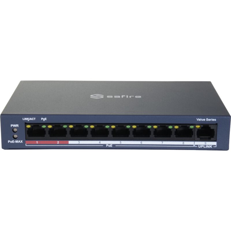 Switch PoE - 8 ports PoE + 1 Uplink RJ45 - Vitesse 10/100 Mbps - Jusqu'à 60 w au total pour tous les ports - 2 Ports Hi-PoE - Norme IEEE802.3af (PoE)