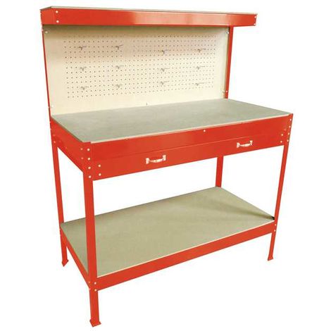 KMS SwitZer Steel Garage Workbench Toolbox Storage With Drawers Pegboard and 12 Pegs Shelf DIY Workshop Station Red